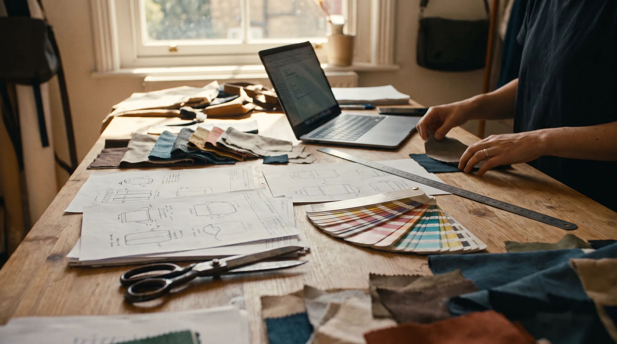 The Karkhana design studio with fabric swatches, tech-pack drawings and a laptop on the work table