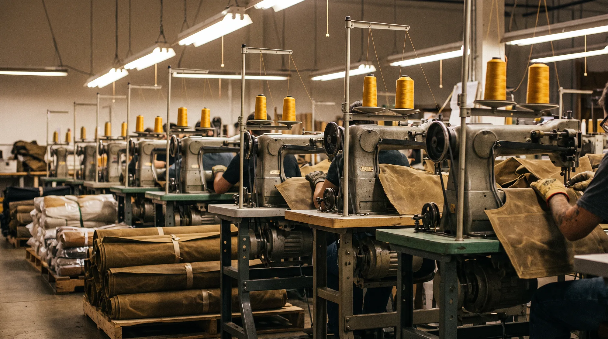 A row of industrial lockstitch machines on the Karkhana production floor in Bahadurgarh