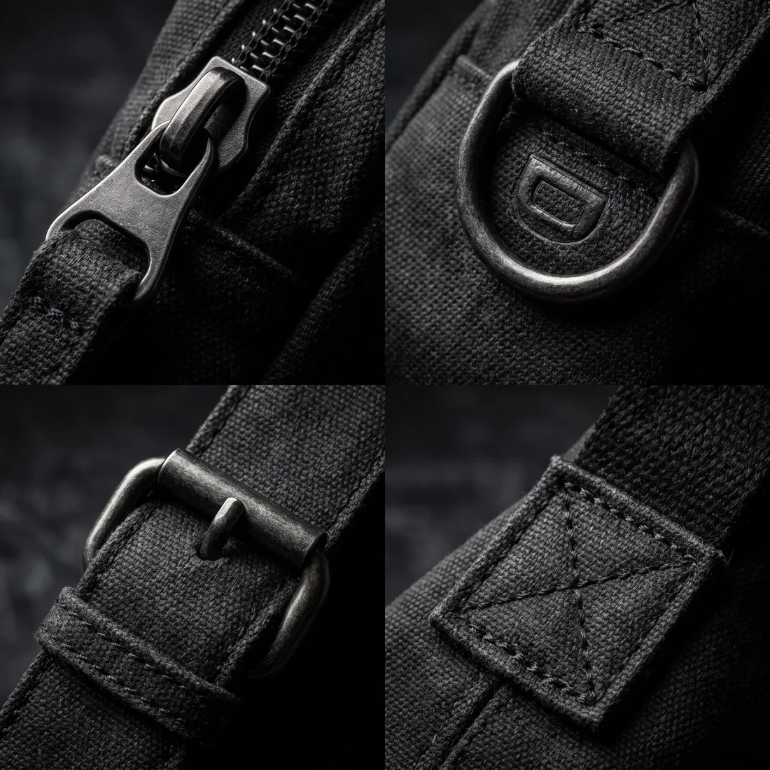 Macro detail of a matte gunmetal zipper pull, D-ring, buckle and bartack reinforcement