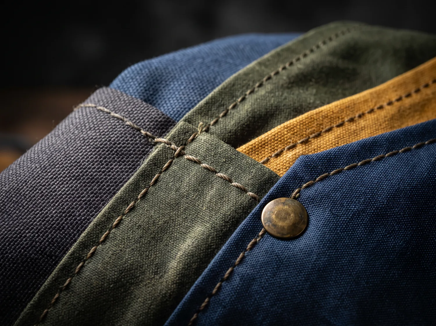Macro detail of coated polyester, waxed canvas and ripstop fabric swatches with saddle stitching